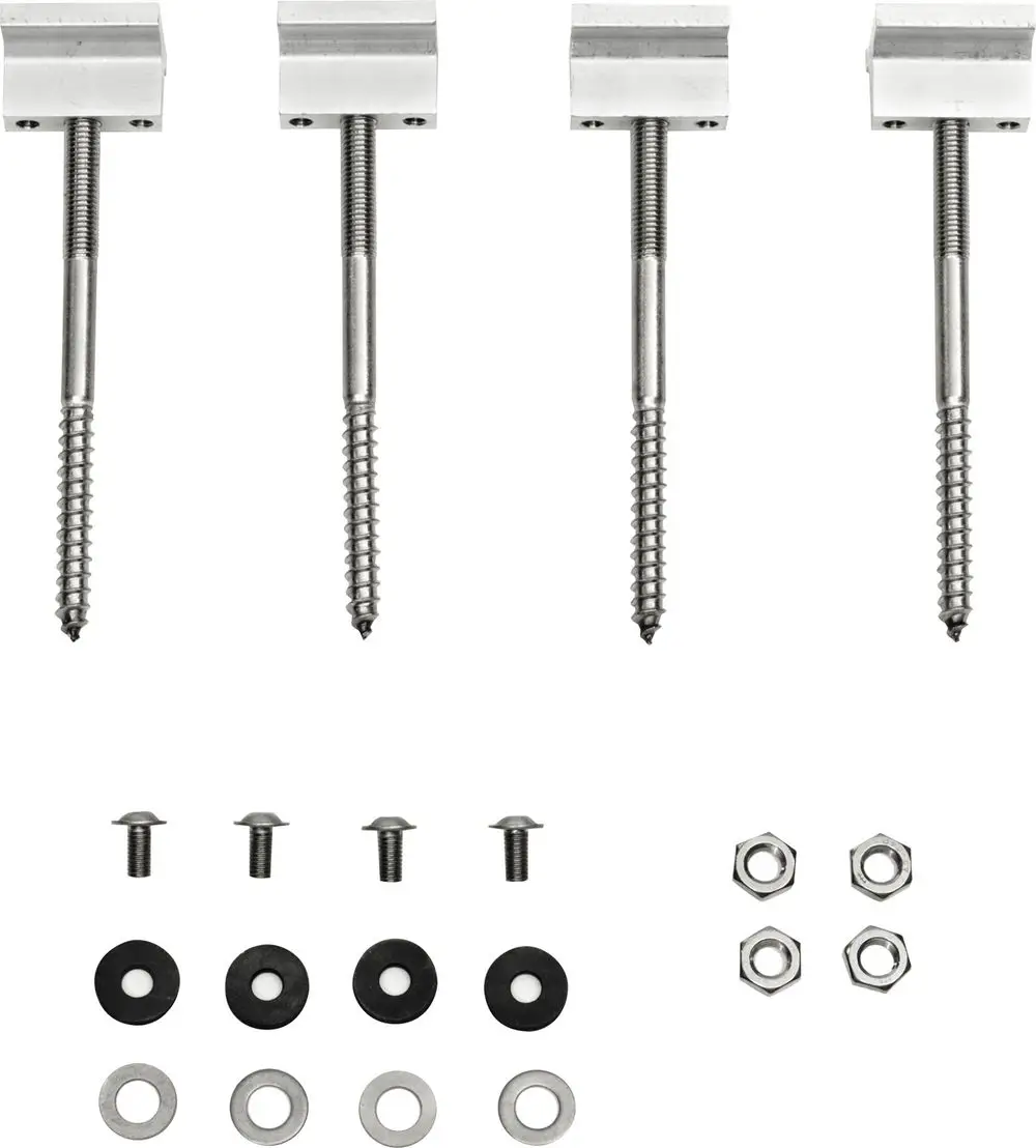 Befestigungselemente von Bosch, bestehend aus vier Schrauben mit Unterlegscheiben, Dichtungen und Muttern, geeignet für die Anbringung an Well- und Blechdächern.